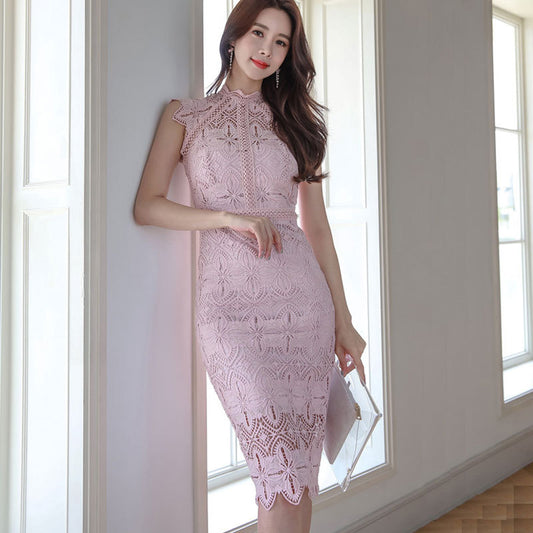Noble Lady Style Half High Collar Lace Hollow Out and Lace Trim Fitted Dress