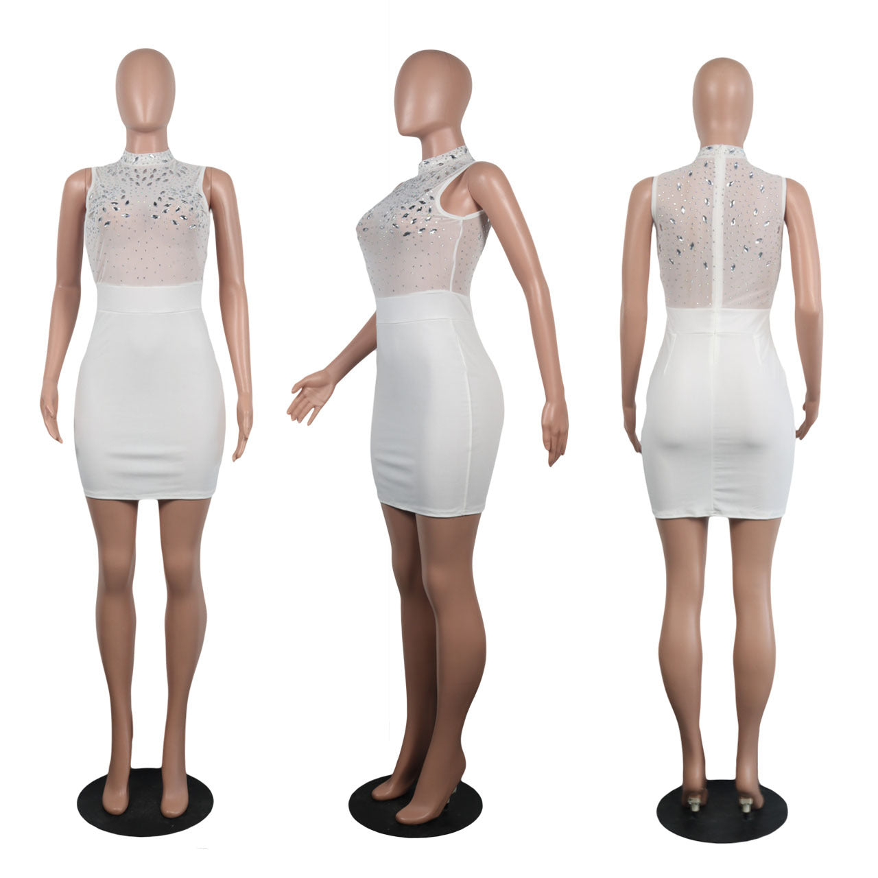 Beadings Transparent Mesh Patchwork Women Bodycon Short Dress