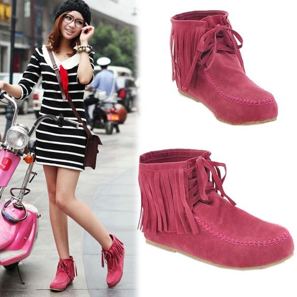 Women's Tassels Lace UP Flat Ankle Shoes Boots