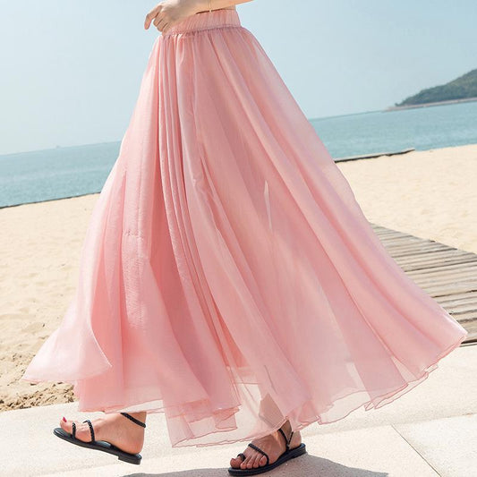 Solid Color High Waist Loose Long Chiffon Swing Beach Skirt