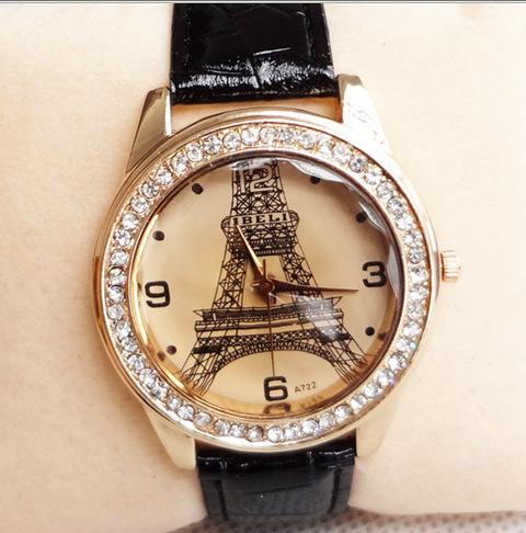 Fashion Chic Girl Ladies Eiffel Tower Dial Crystal Quartz Watch Gift Wristwatch Red Strap