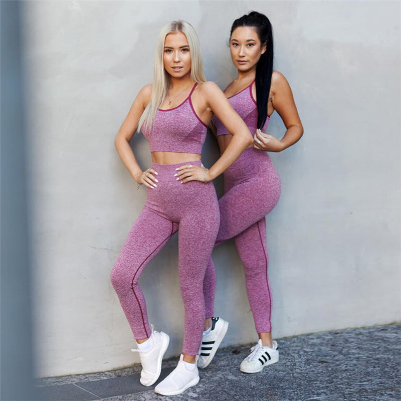 Solid Color Crop Top with High Waist Leggings Women Two Pieces Summer Yoga Sports Set