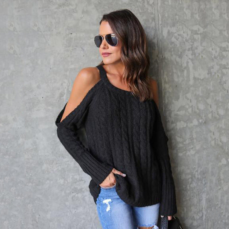 Cable Knit Scoop Bare Shoulder Women Loose Sweater