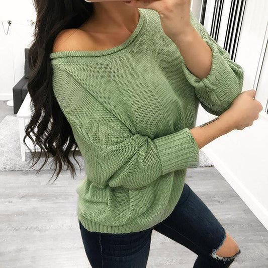 Crew Neck Solid Color Loose Pullover Women Sweaters