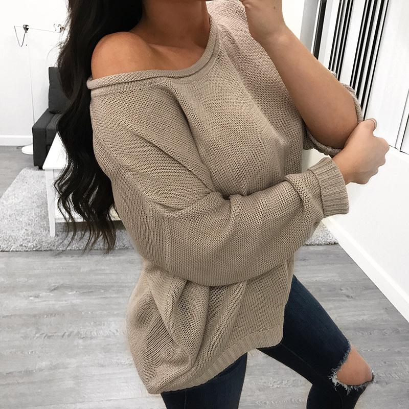 Crew Neck Solid Color Loose Pullover Women Sweaters