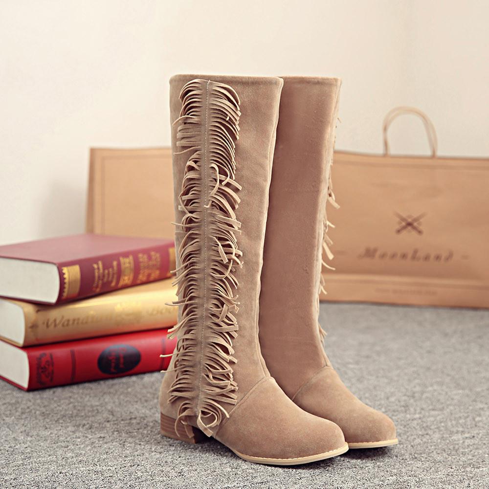 Round Head Tassels Chunky Heel High Boots