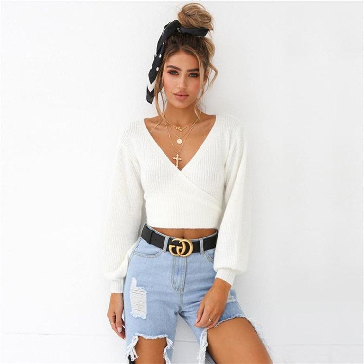 V-neck Long Bishop Sleeves Women Pullover White Wrapped Cropped Sweater