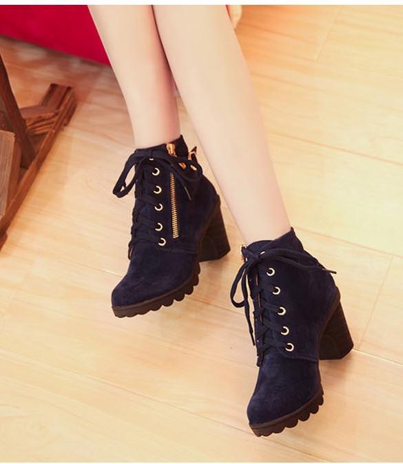 Women Retro Buckle High Heel Lace Up Platform Martin Black Blue Pumps Boots