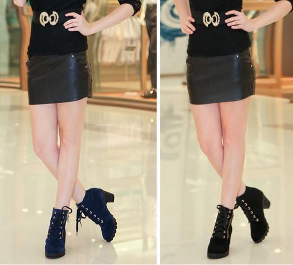 Women Retro Buckle High Heel Lace Up Platform Martin Black Blue Pumps Boots