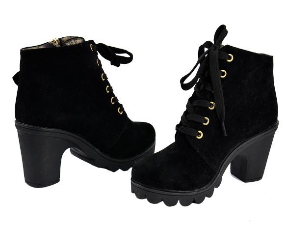 Women Retro Buckle High Heel Lace Up Platform Martin Black Blue Pumps Boots