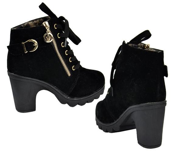 Women Retro Buckle High Heel Lace Up Platform Martin Black Blue Pumps Boots