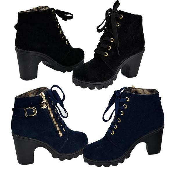 Women Retro Buckle High Heel Lace Up Platform Martin Black Blue Pumps Boots