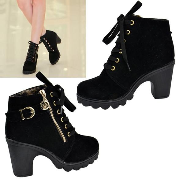 Women Retro Buckle High Heel Lace Up Platform Martin Black Blue Pumps Boots