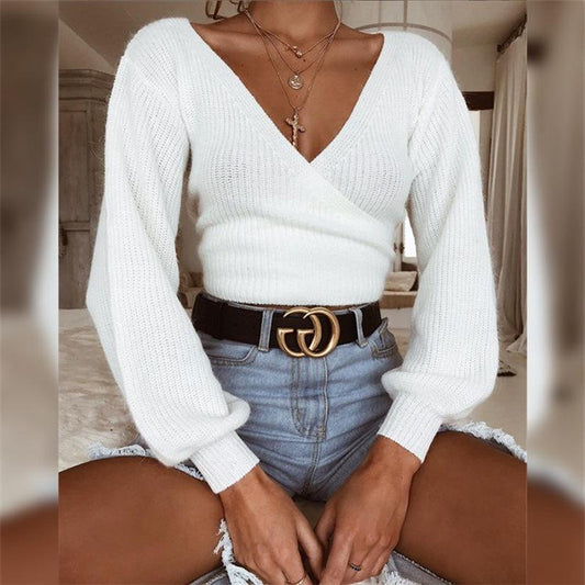V-neck Long Bishop Sleeves Women Pullover White Wrapped Cropped Sweater