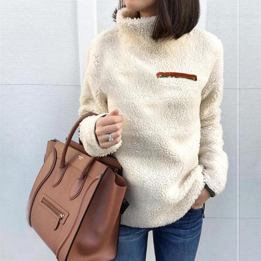 High Neck Fluffy Solid Color Women Sweatshirt