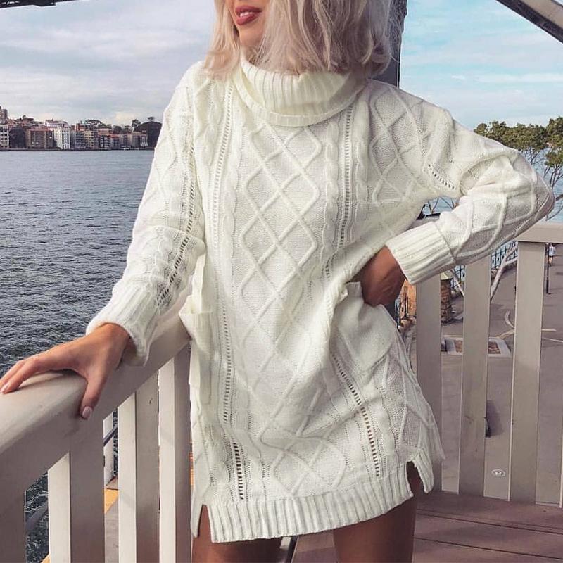 High Neck Split Cable Knit Pockets Long Pullover Women Sweater