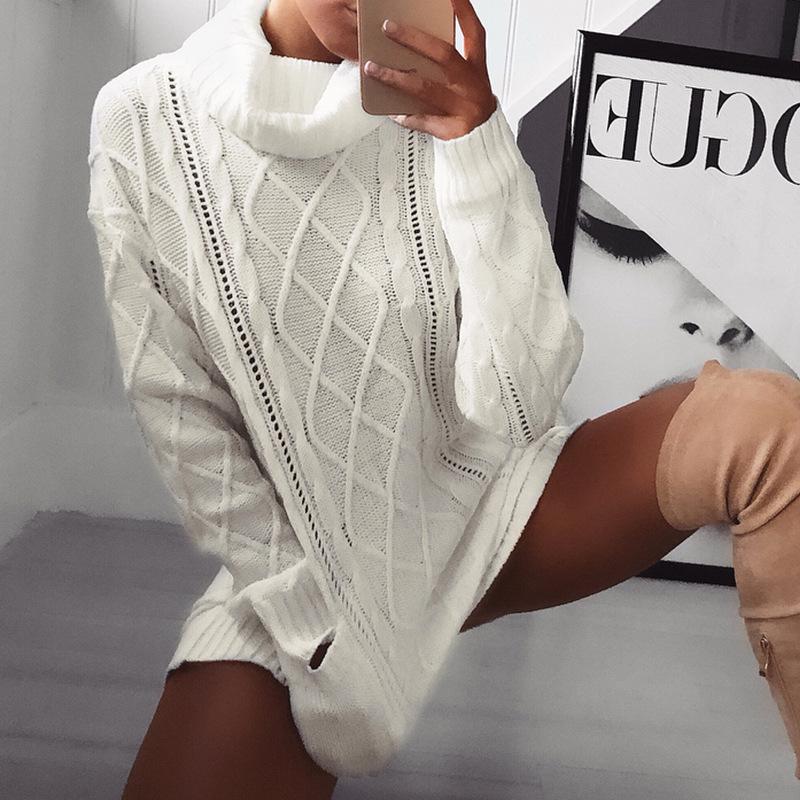 High Neck Split Cable Knit Pockets Long Pullover Women Sweater