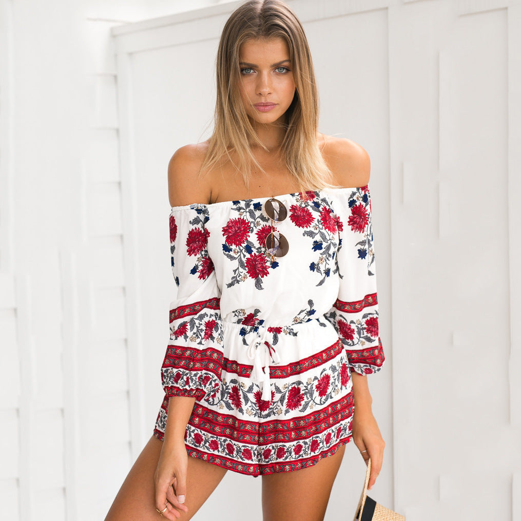 Off Shoulder Print Beach Shorts Jumpsuit