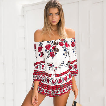 Off Shoulder Print Beach Shorts Jumpsuit