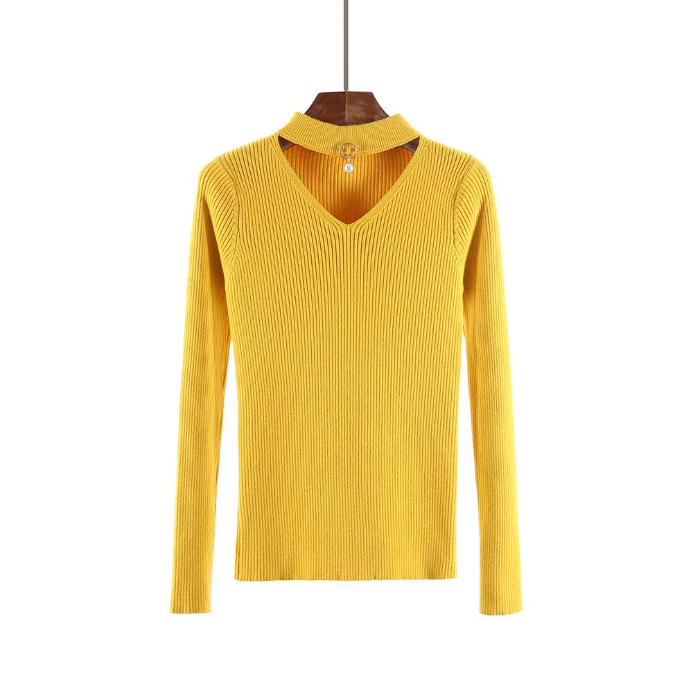 V-neck Cut Out Halter Solid Color Women Slim Sweater