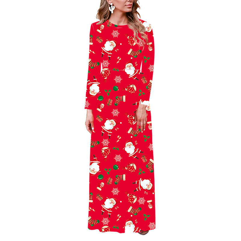 Christmas Long Sleeve Floral Print Maxi Dress