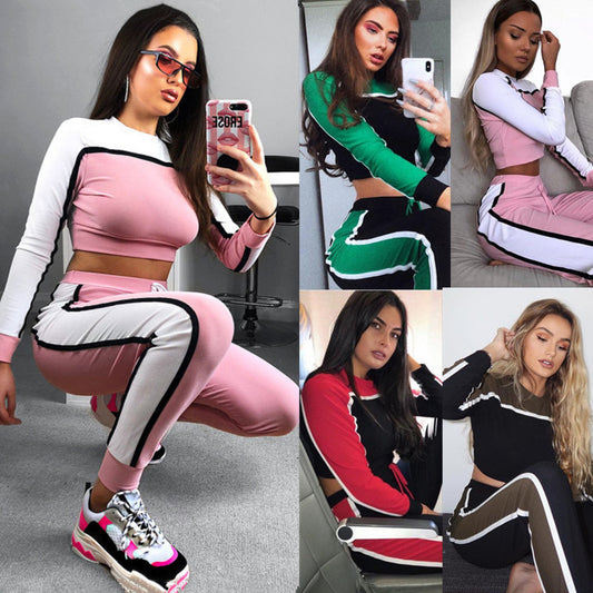 Patchwork Crop Top With Long Skinny Leggings Women Two Pieces Sports Set