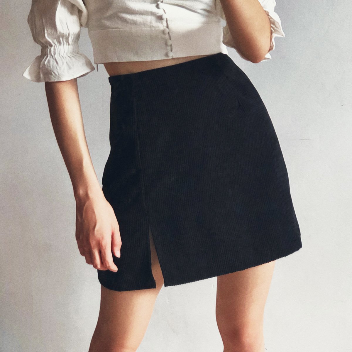 Sexy Plain High Waist Corduroy Split Skirts