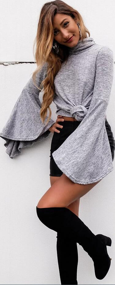 Bell Sleeve Back Slitting High Neck Sweater