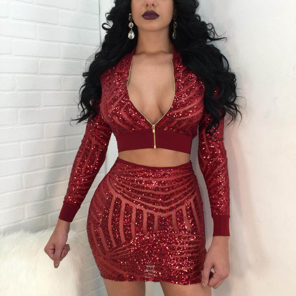 Deep V-neck Crop Top Bright Short Skirt Set