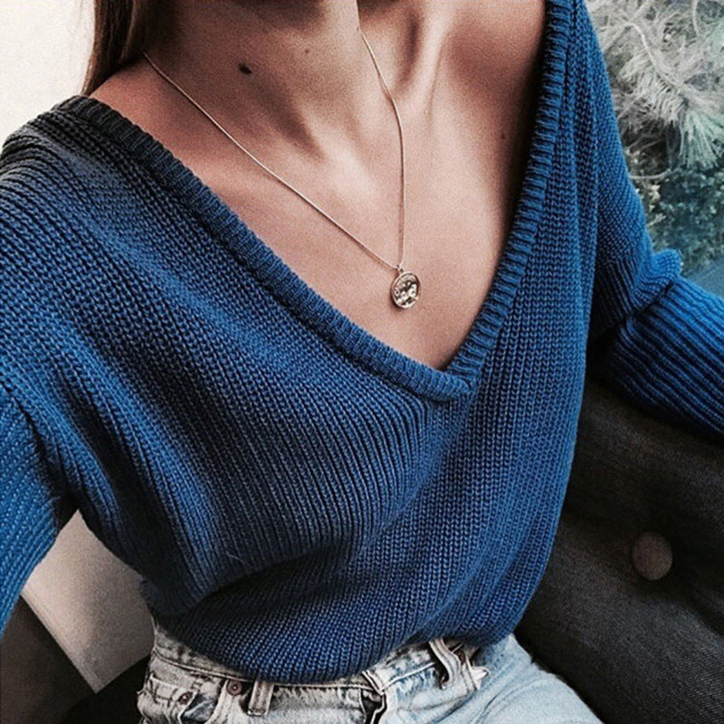 Deep V-neck Candy Color Women Loose Pullover Sweater