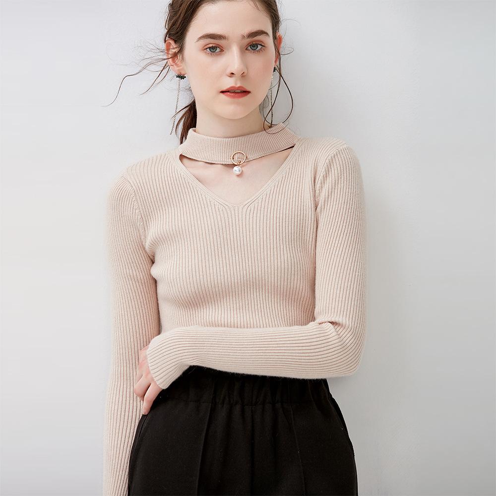 V-neck Cut Out Halter Solid Color Women Slim Sweater