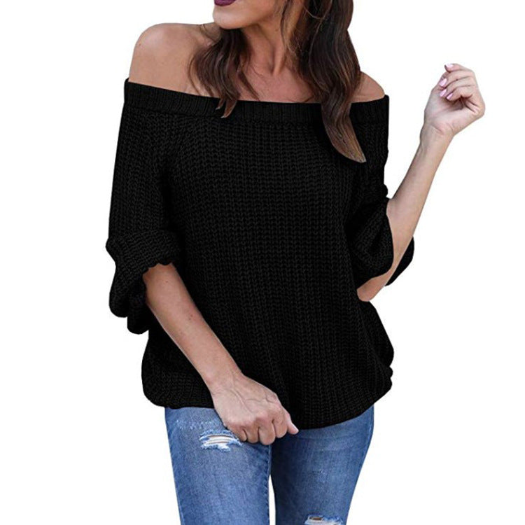 Off the Shoulder Women Long Bishop Sleeves Loose Pullover Sweater