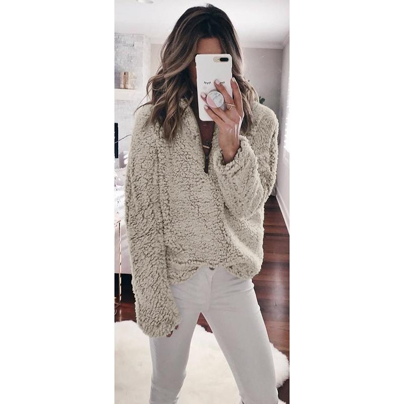 Solid Color Fluffy Stand Collar Zipper Women Loose Sweatshirt