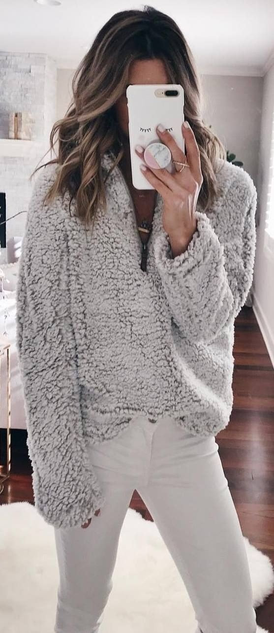 Solid Color Fluffy Stand Collar Zipper Women Loose Sweatshirt