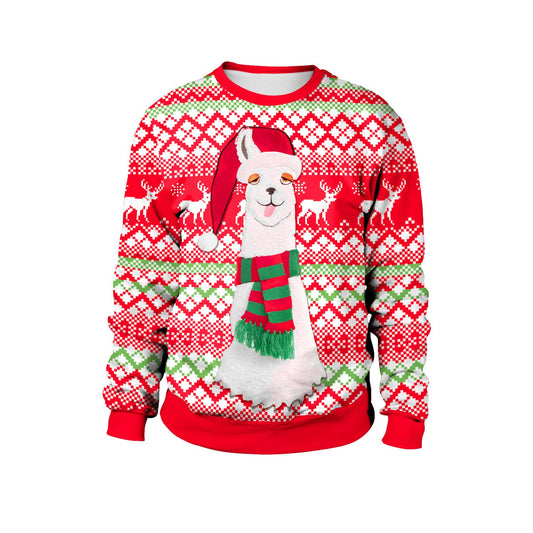 Alpaca Reindeer Print Women Scoop Drawstring Christmas Party Hoodie