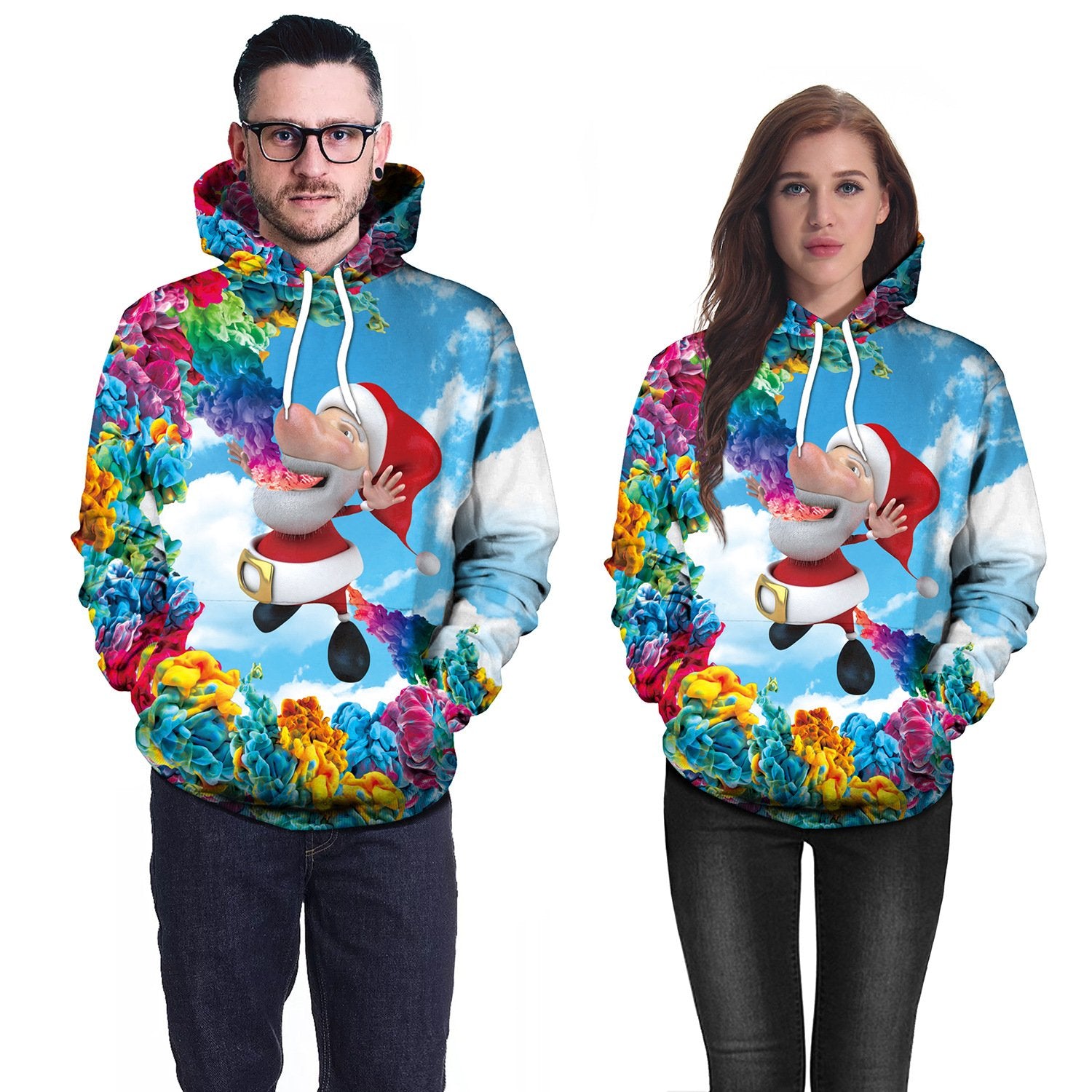 Santa Claus Cartoon Digital Print Women Christmas Party Hoodie