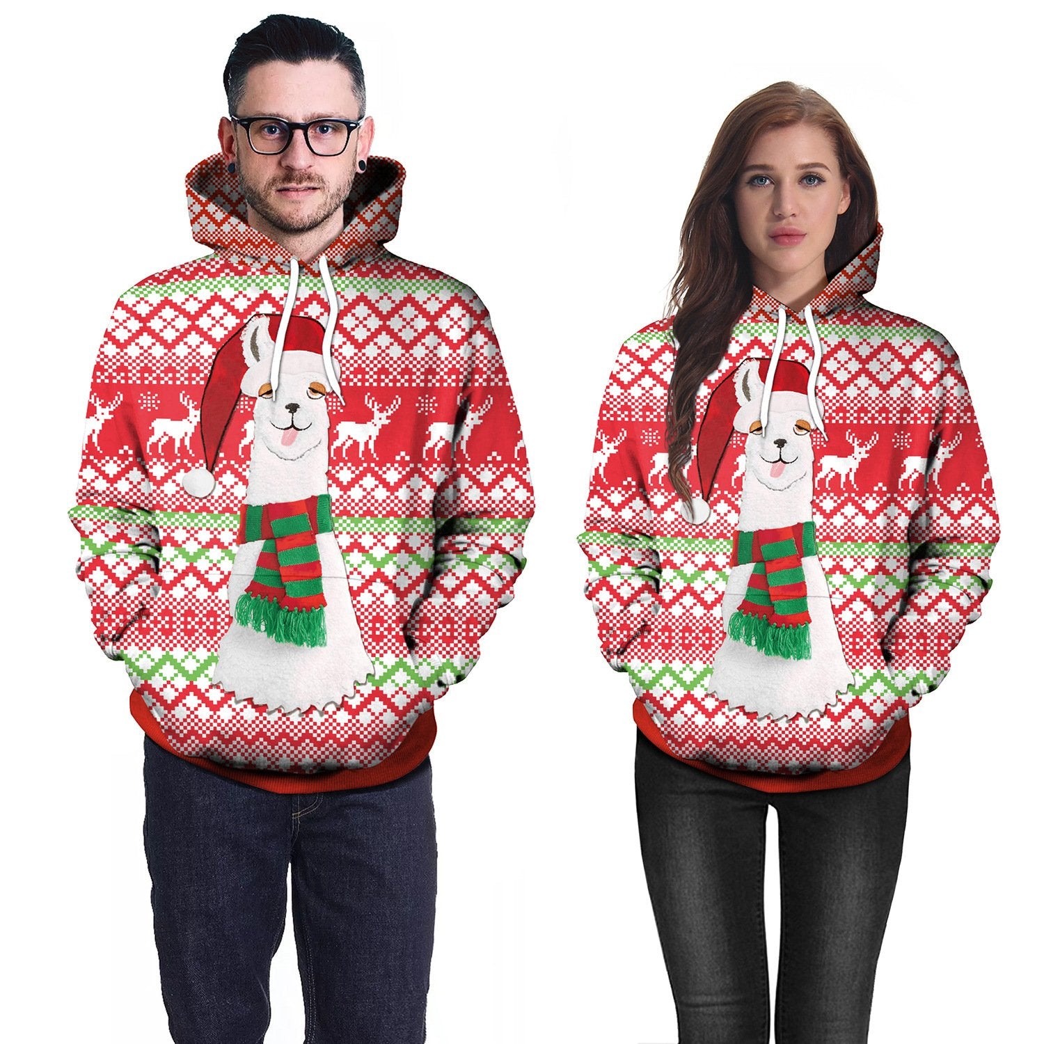 Alpaca Digital Print Women Drawstring Christmas Party Hoodie