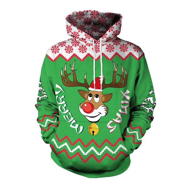 Reindeer Print Drawstring Women Merry Christmas Party Hoodie