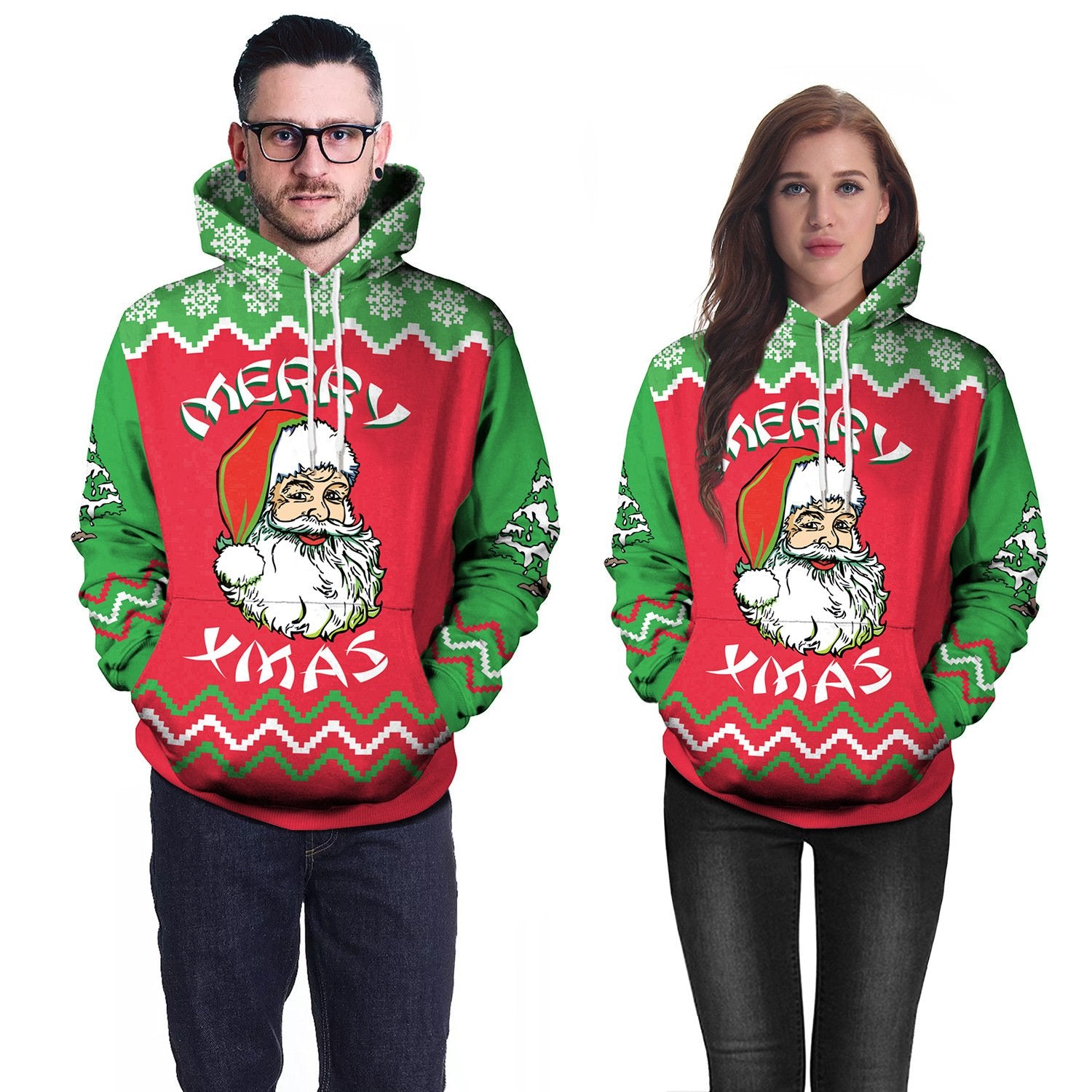 Xmas Santa Claus Digital Print Women Drawstring Party Hoodie