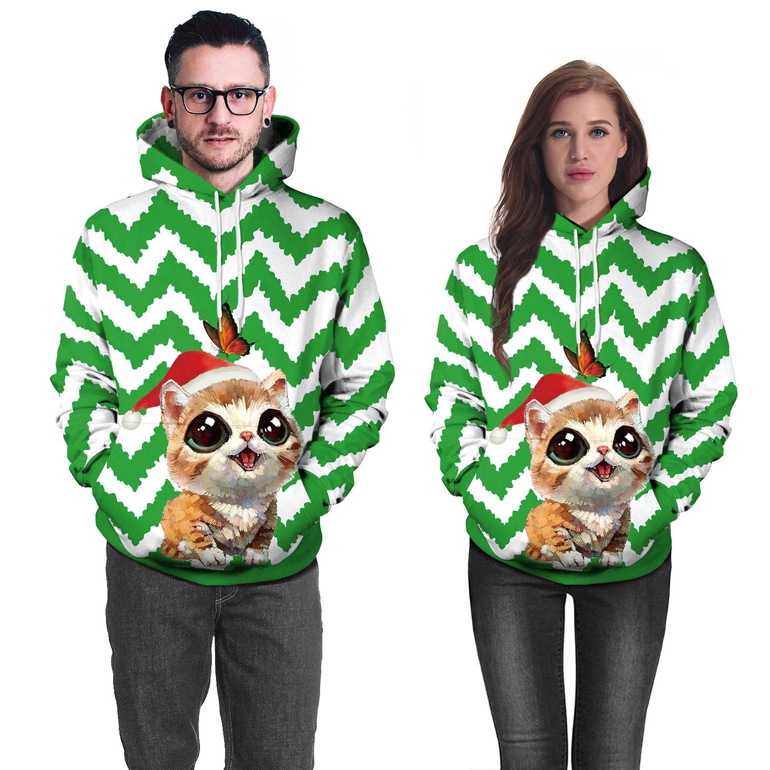Cat Butterfly Cartoon Digital Print Women Christmas Party Hoodie