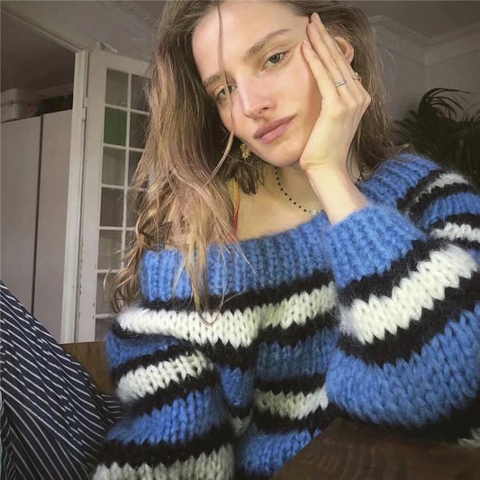 Off the Shoulder Stripe Knit Women Pullover Sweater