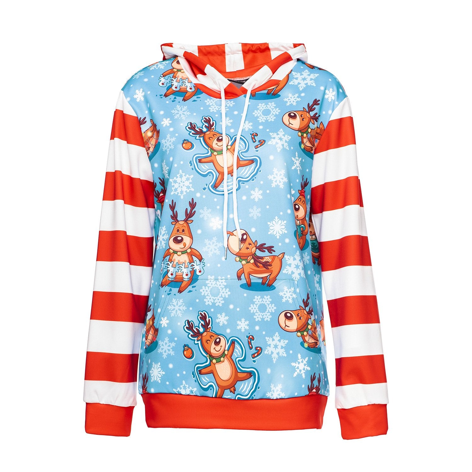 Patchwork Reindeer Snow Print Women Drawstring Christmas Hoodies