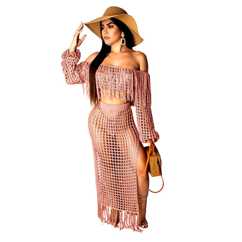 Off Shoulder Crop Top Perspective MAXI Skirt Set