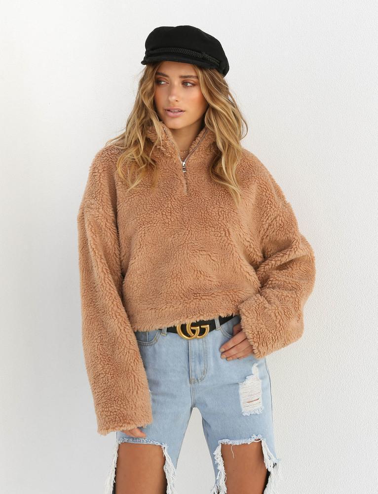 Solid Color Fluffy Stand Collar Zipper Women Loose Sweatshirt