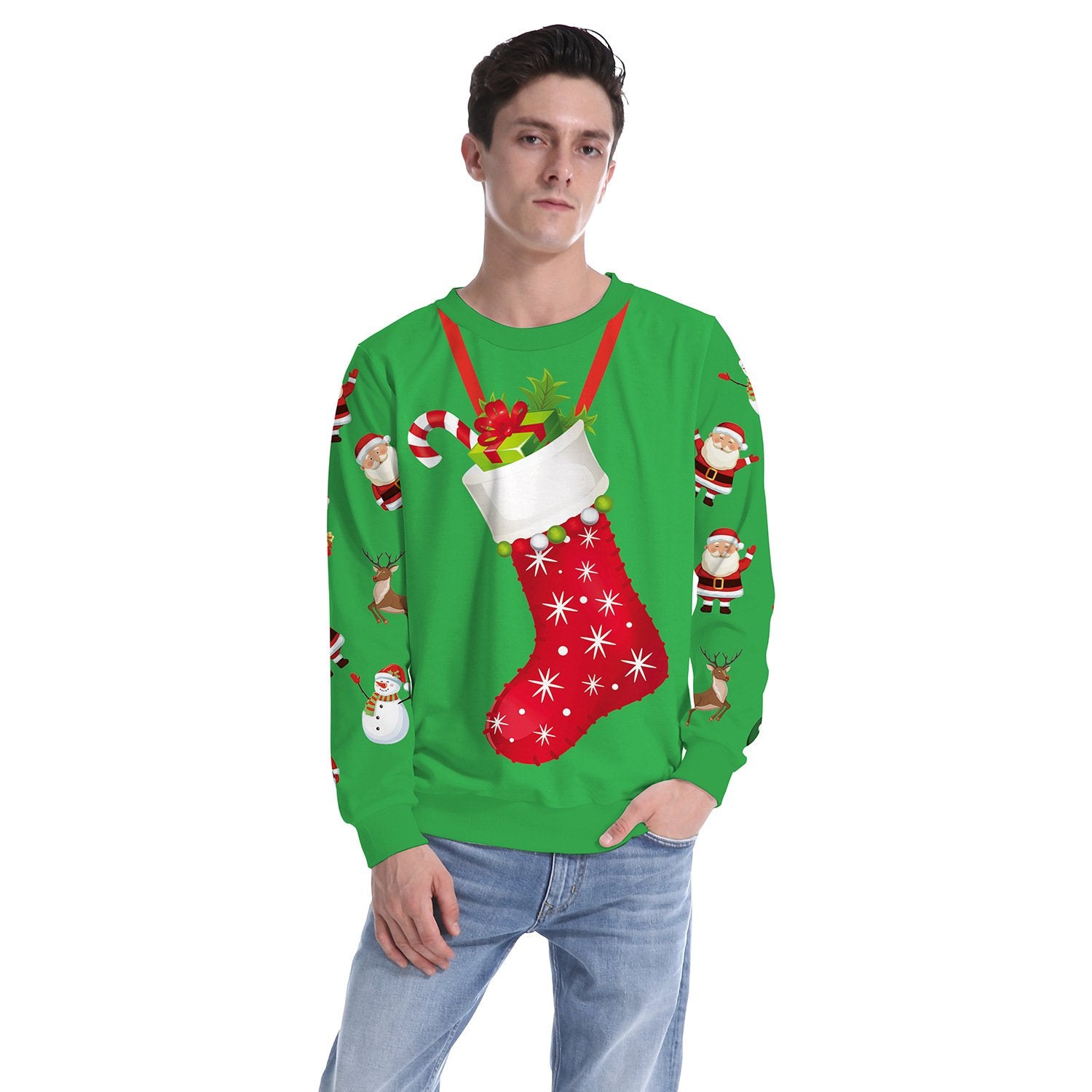Gifts Sock Cartoon Print Women Scoop Christmas Party Sweatshirt