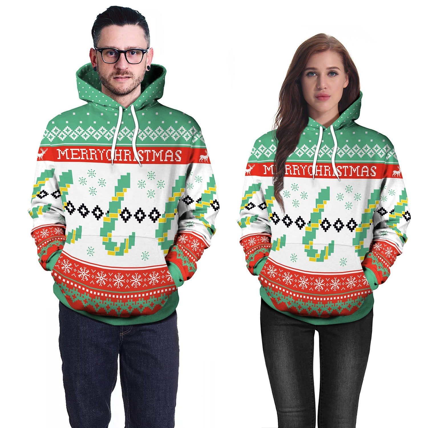 Merry Christmas Digital Print Women Drawstring Party Hoodie