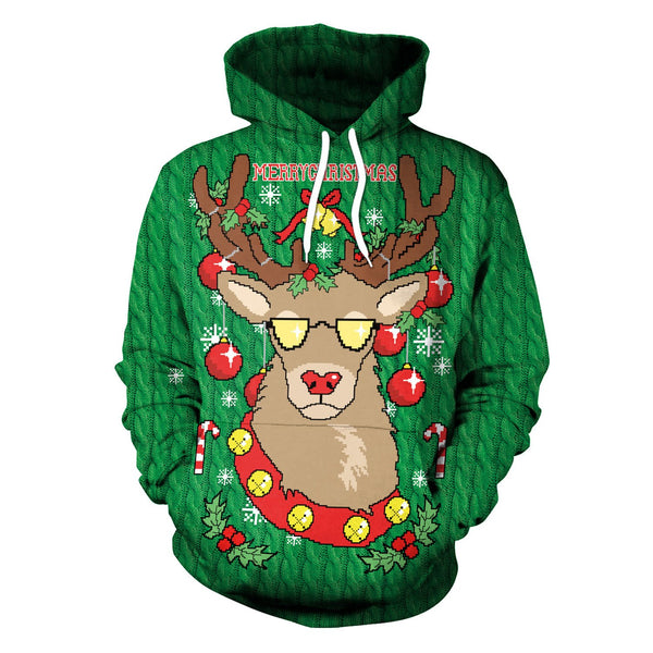 3D Reindeer Digital Print Women Drawstring Pocket Christmas Party Hoodie