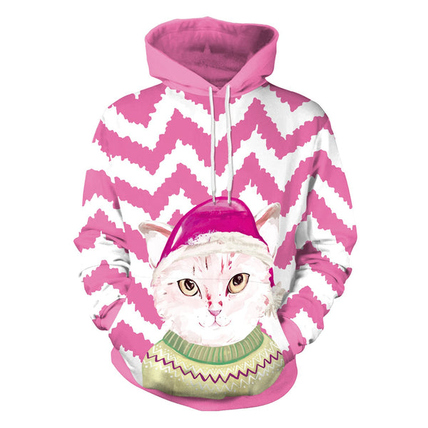 Cat with Hat Cartoon Digital Print Women Christmas Hoodie