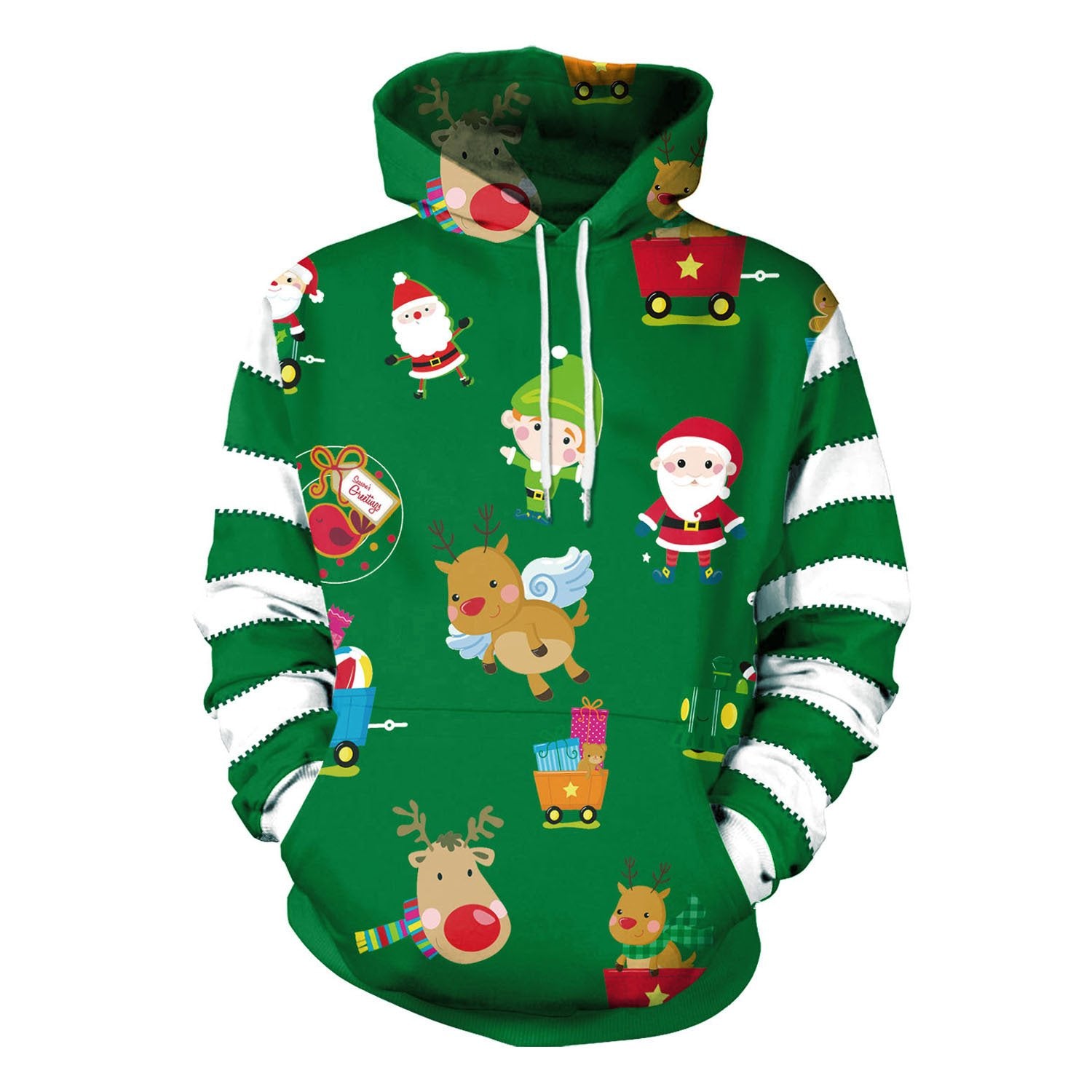 Reindeer Santa Claus Print Women Drawstring Christmas Party Hoodie