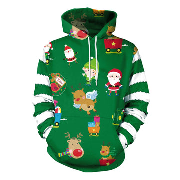 Reindeer Santa Claus Print Women Drawstring Christmas Party Hoodie